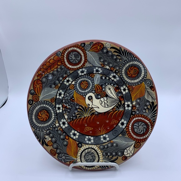 Mexican Folk Art Pottery Hand Painted Bird Wall Hanging Plate 9.75” - Picture 4 of 8